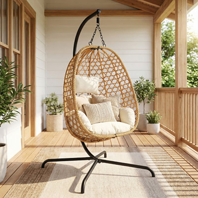 Fauteuil suspendu autoportant en forme d'œuf, hamac balançoire en osier PE d'une capacité de 350 lb, fauteuil ergonomique léger et suspendu avec coussin épais pour chambre à coucher, balcon, jardin, beige