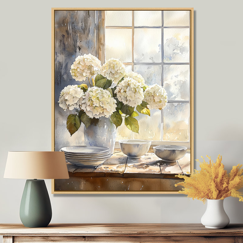 Hortensias dans le coin-repas I - Hydrangea, art mural encadré, Reproduction avec cadre flottant, H 44 po x l 34 po