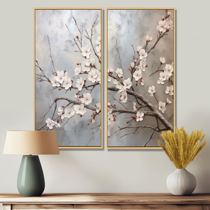 Minimalisme gris et beige fleur de cerisier I - impressions d'art traditionnelles sur toile, H 32 po x l 32 po, Crème, crème