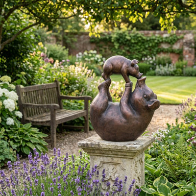 Sculptural Pig Design Polyresin Statue For Garden And Outdoor Decor - Whimsical Decorative Piece Accent For Patio Yard Display - 17" Bronze
