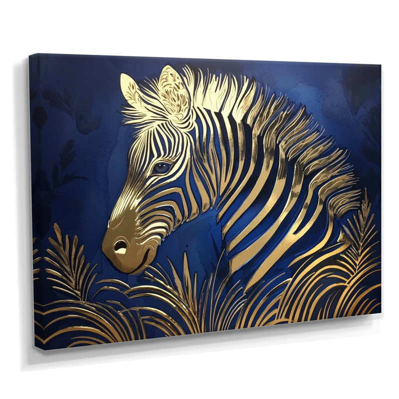«Golden Aqua Zebra Portrait II - Zèbre», reproduction d'art murale, H 12 po x l 20 po, Toile tendue, Ne s’applique pas