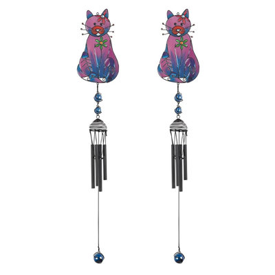 Ensemble de 2 cadeaux ICE ARMOUR 30 po de long, chat mauve avec os de poisson, gemme noire, carillon de vent, figurine, sculpture, sculpture, ornement, décoration de maison / chambre / jardin pour pendaison de crémaillère, vacances, spécial Noël
