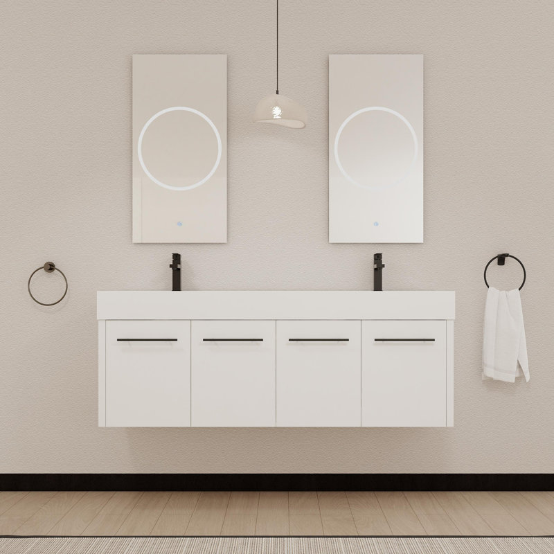Meuble-lavabo mural avec lavabo, Blanc, Blanc/noir lustré