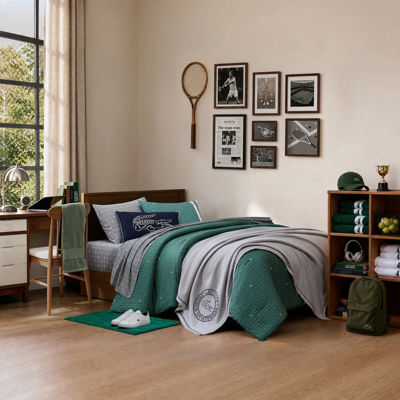 Lacoste Heritage Geo 100% Cotton Comforter Set, Soft Breathable All-Season with Embroidered Crocodile, King 3-Piece Green