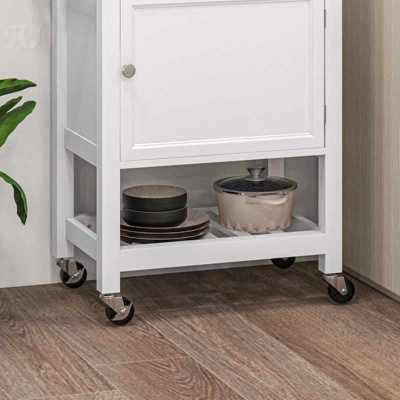 Utility Kitchen Cart, Rolling Kitchen Island With Smooth Rubberwood Top, Narrow Butcher Block Surface On Wheels, White