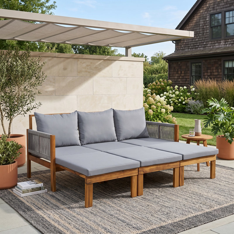 Canapé-lit d'extérieur convertible pour lit de jour, canapé-lit 3 places en bois d'acacia avec coussins imperméables, Gris