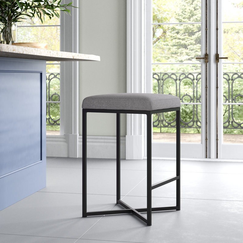 Rosetta Backless Upholstered Stool with Iron Frame , Cream Beige