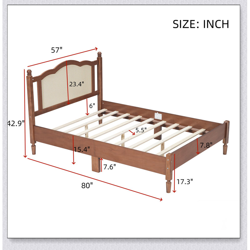 Lit plateforme double en bois avec tête de lit en rotin naturel, cadre de lit rétro, Queen, Noyer