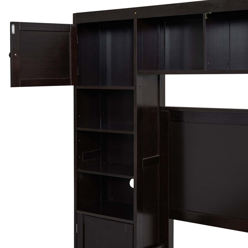 Lit en bois avec armoire et tablette tout-en-un, Espresso