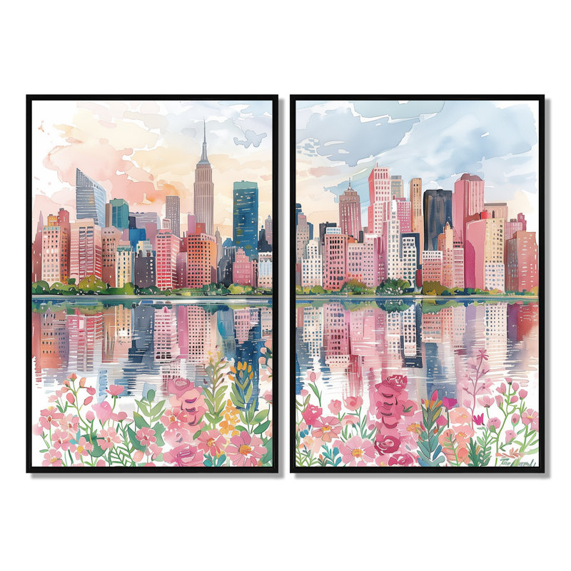 Édifices muraux roses et bleus de New York - Art mural rose 2 pièces, H 36 po x l 48 po, Impression encadrée flottante, Noir