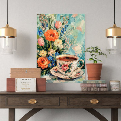 Canvas Wall Art Floral Tea Cup And Saucer With Spring Flowers Art Vintage Poster Print Home Decor