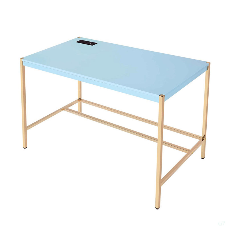 Bureau d'écriture rectangulaire avec port USB, bleu bébé et or, Bleu bébé / Or