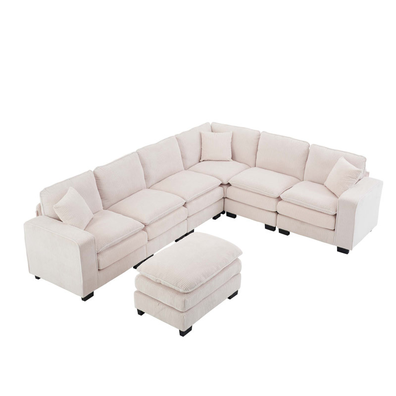 Modern U Shaped 6-Seat Sectional Sofa Couch With One Ottoman And Three Toss Pillows, White Corduroy