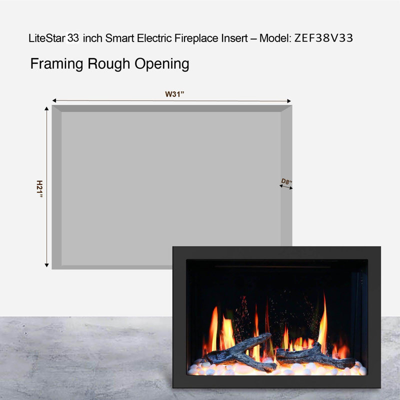 Litestar 32-inch Smart Electric Fireplace Insert with breathing logs, black rock & crushed ice rocks (Model: ZEF32X)