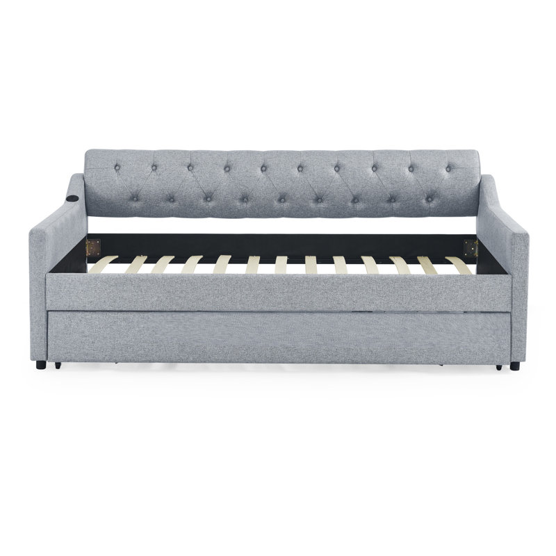 Upholstery Daybed With  Erectable Trundle And USB Charging Design, Gray