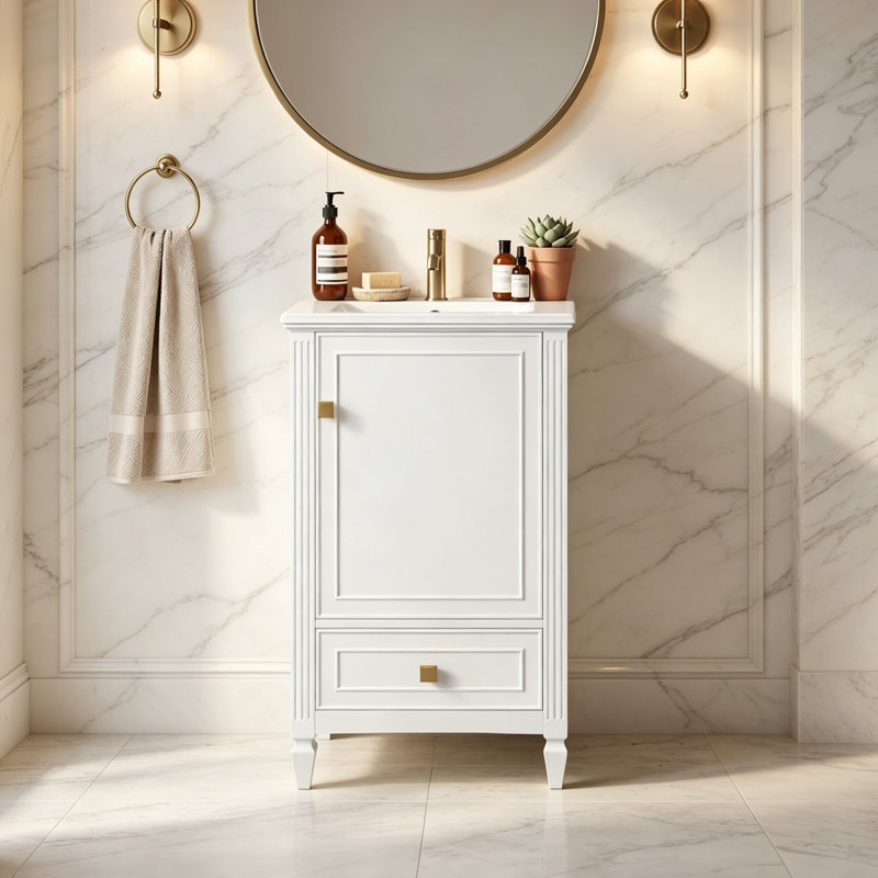 Ensemble de meuble-lavabo simple autoportant 20 po avec lavabo en céramique, support de porte et tiroir inférieur