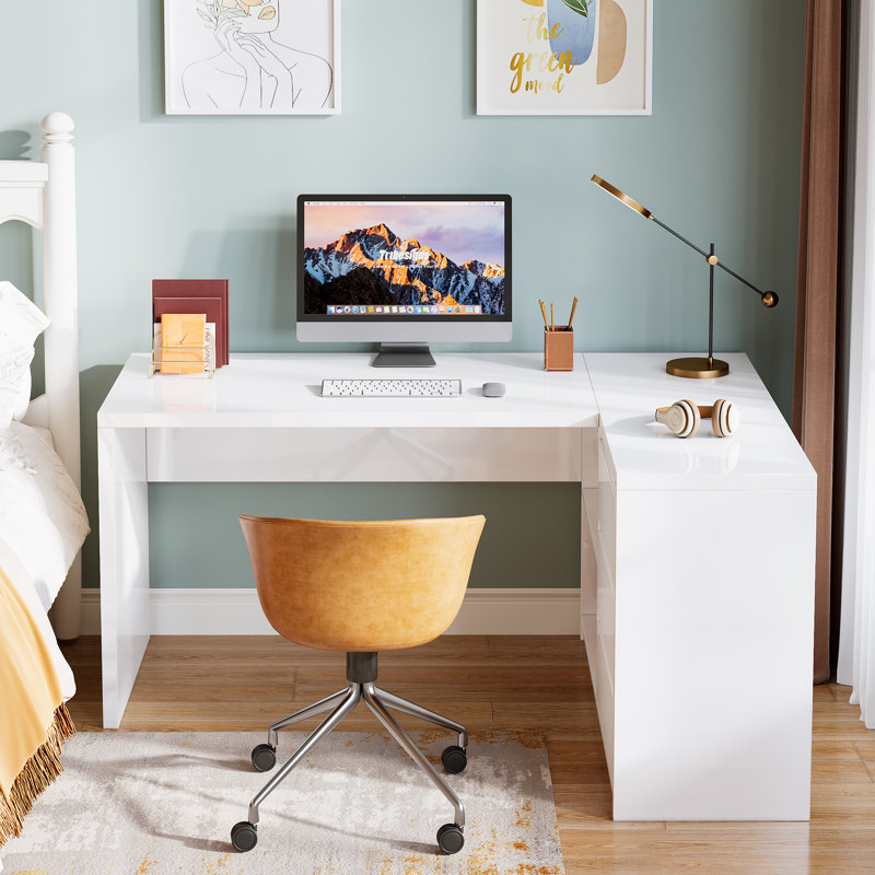 55.12'' W L-Shaped Desk with LED Light and 3 Drawers