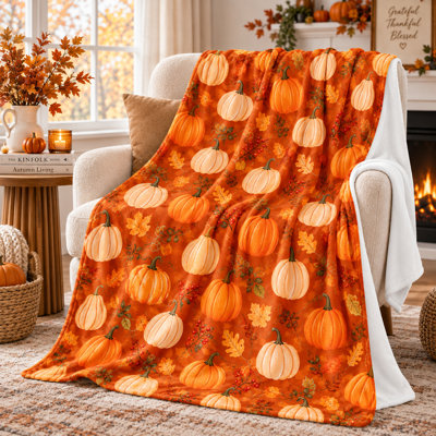 Terracotta Pumpkin Flannel Throw Blanket with Cream Gourds, Oak Leaves and Berry Vines, Soft Fall Layer for Couch, Bed and Reading Nooks at Home, 50 x 60 in