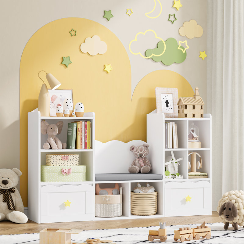 55.1"W Cube Bookcase, Bookshelf with Removable Drawers, White
