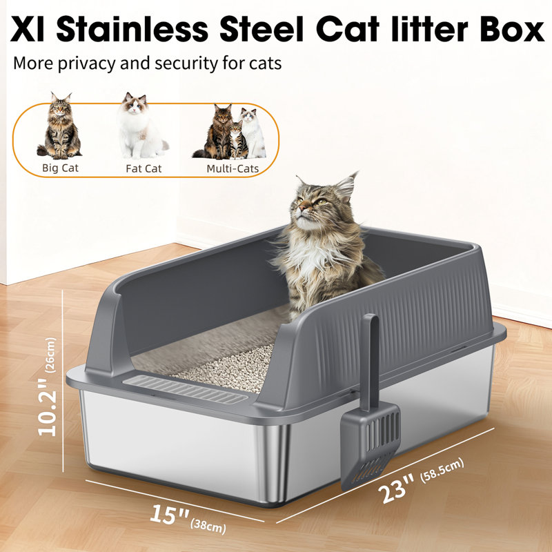 Bac à litière pour chat en acier inoxydable, abdos à urine à haut rebord, surface antiadhésive pour un nettoyage facile et rapide, conception d'odeurs, avec organisation à crochets, argent noir, profondeur de 22,85 po, largeur de 15,01 po