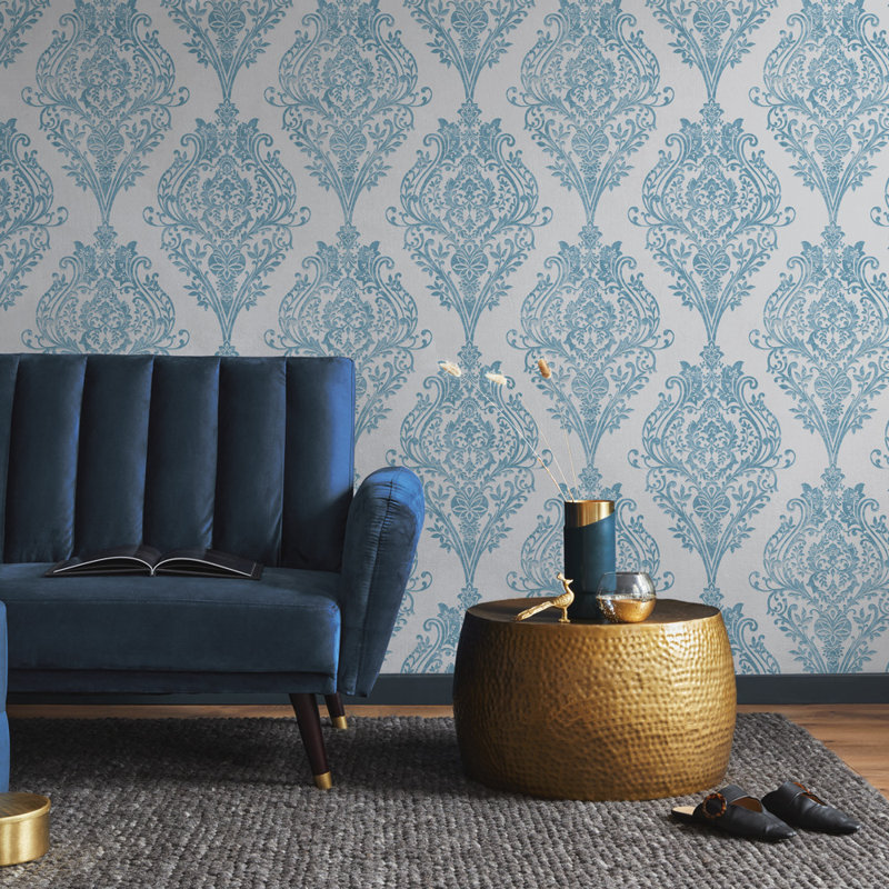 Kwon Damask Metallic Wallpaper Double Roll, Coastal Blue
