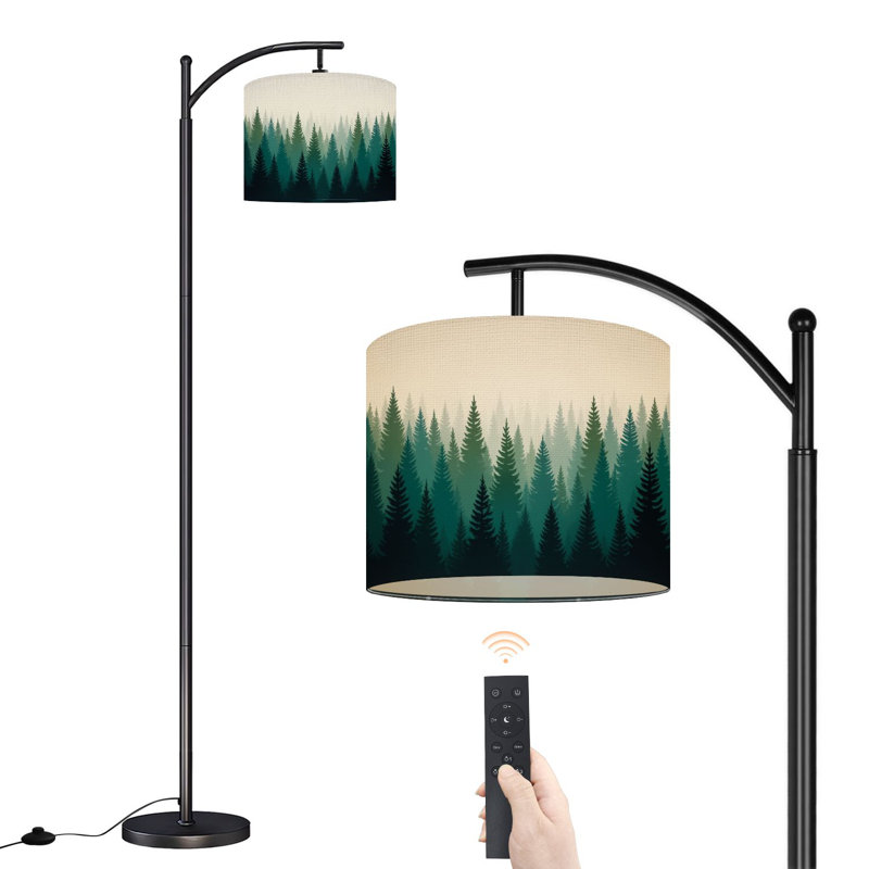 Lampe sur pied à arc avec abat-jour réglable Serene Forest Landscape Misty Pine Trees Layered Tones Green Lamp Lamping