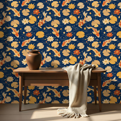 Peel and Stick Wallpaper Contact Paper Koi Fish Lotus Flower Golden Water Ripples Deep Self Adhesive and Removable 17.7in x 118in(45x300cm)