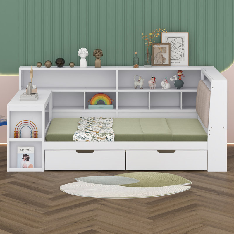 Lit de jour en L en L avec bureau et bibliothèque de rangement, lit d'angle à lumière DEL, tête de lit tapissier et tiroirs