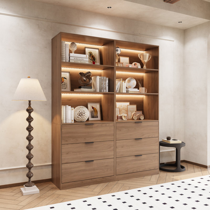 63" Bookcase With 3 Drawers, 3 -tier Storage Cabinet With Led Lights