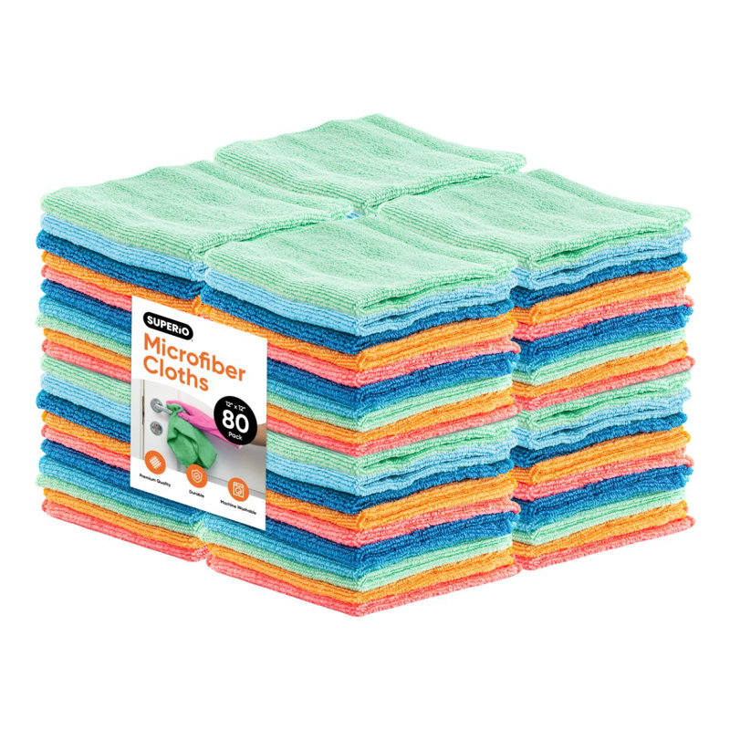 Chiffons de nettoyage en microfibre Superio avec code de couleur pour une organisation facile, 12 po x 12 po, chiffons ultra-doux, durables et polyvalents pour salle de bain, cuisine, fenêtres, meubles, appareils électroniques (multi), paquet de 80