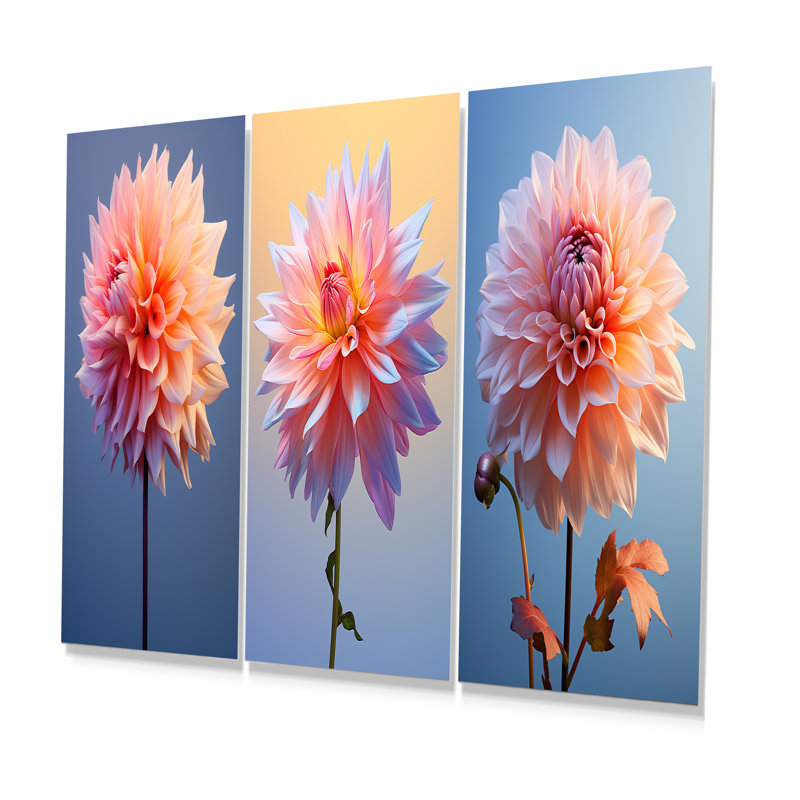 Coral et bleu Dahlia dansant - ensemble d'art mural en métal Dahlia de 3, H 28 po x l 36 po