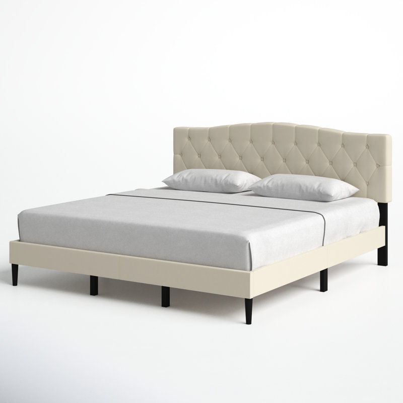 Lit plateforme tapissier à profil bas Arnette, Très grand, Beige