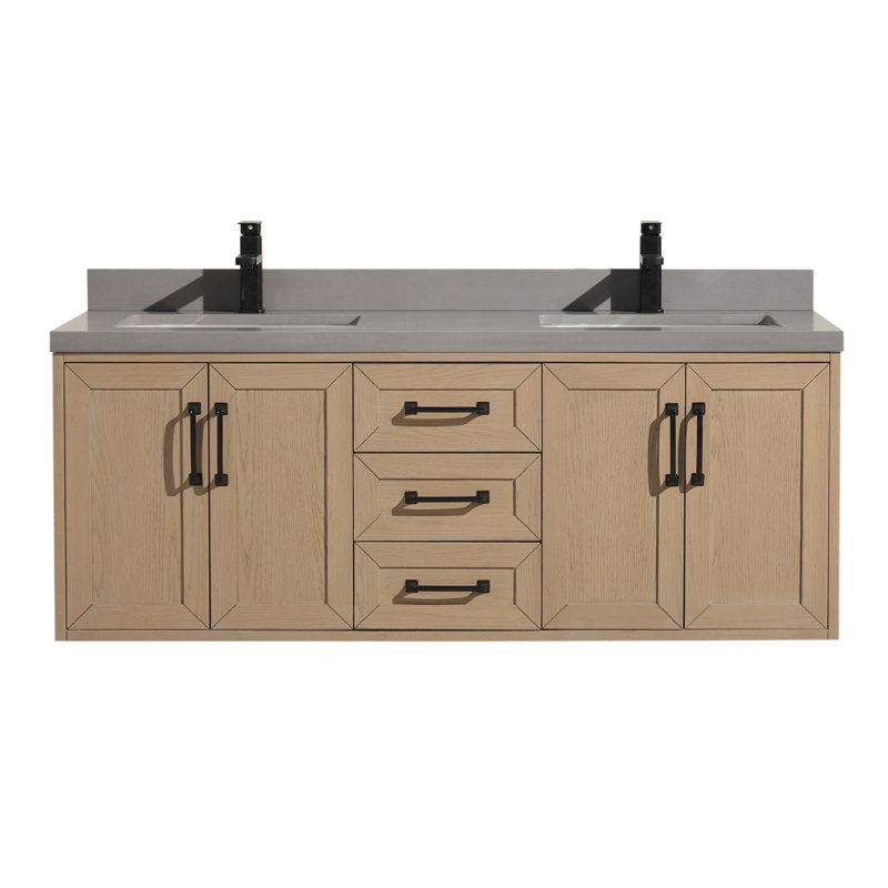 Venice 55" Oak Gray Double Sink Wall-Mount Vanity with Quartz Top