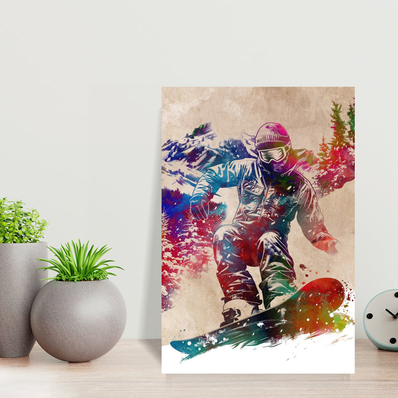«Vibrant Snowboarder Ride Colorful Vibrant Abstract Forest Landscape», art mural, H 18 po x l 12 po