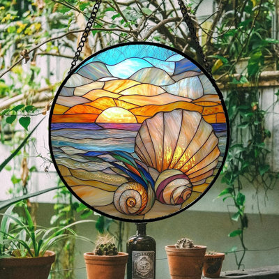 Stained Glass Window Hanging - Colorful Beach Shells Conch Sun Catcher