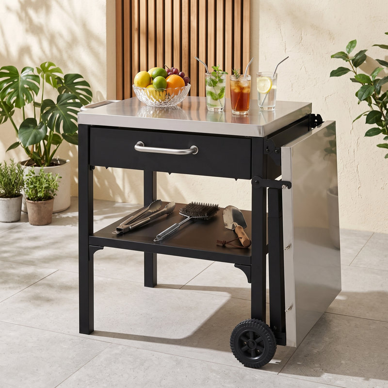 Chariot de cuisine pliable pour l'extérieur avec plateau en acier inoxydable, tiroir de rangement et tablette inférieure