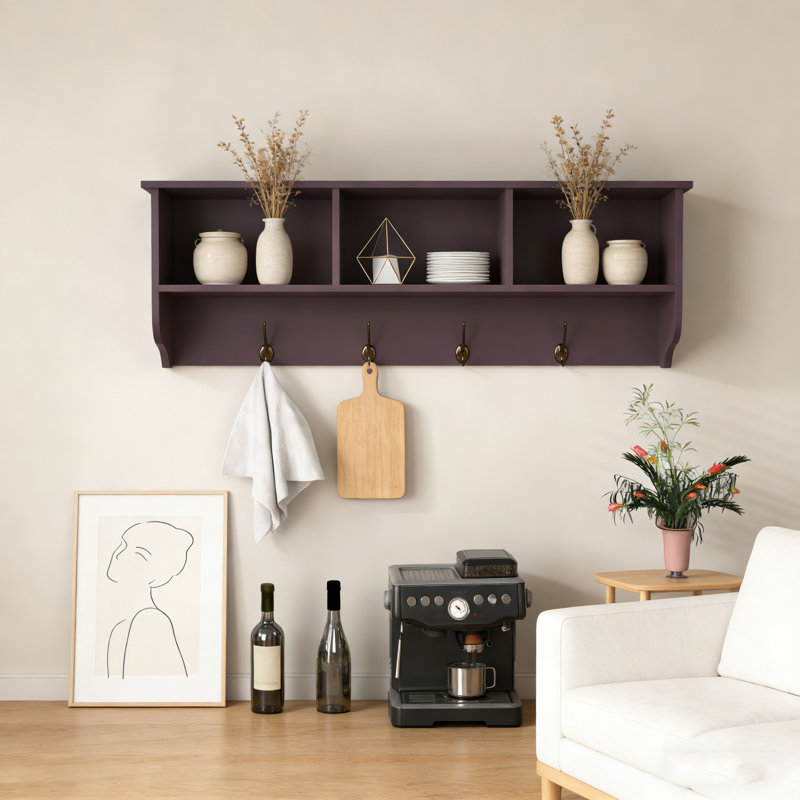 Portemanteau mural espresso avec 4 crochets doubles et tablette de rangement en bois, Espresso