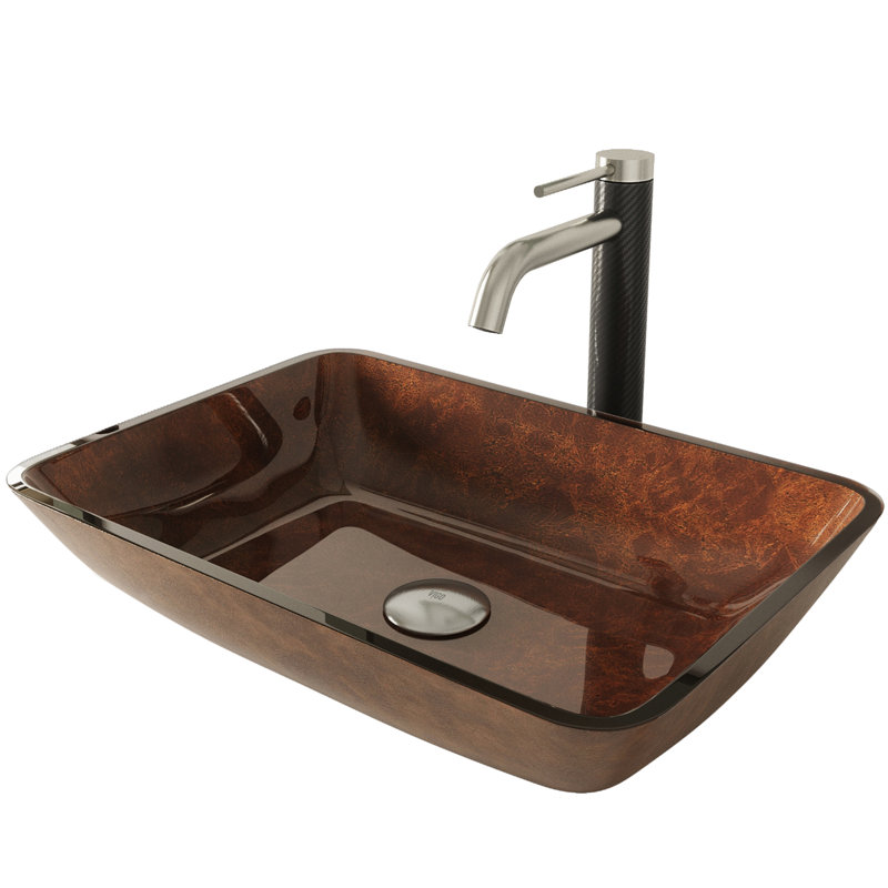Lavabo de salle de bain rectangulaire en verre avec robinet H 10 po L 18 po x l 13 po x H 4 po Donatello, Gris onyx