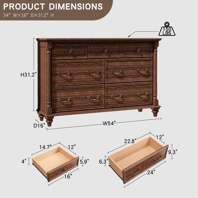 Farmhouse 7 - Drawer Dresser, Wood Rustic Dresser Chest Of Drawers With 2 Size Drawers For Bedroom, Living Room, Brown