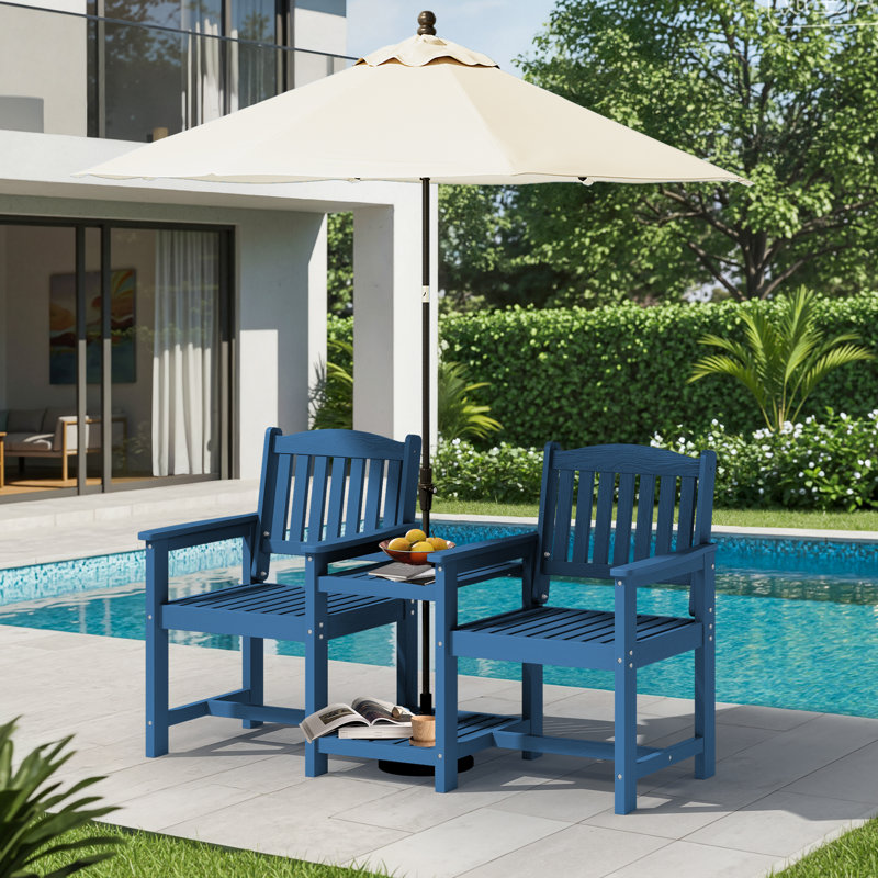 HDPE All-Weather Outdoor Adirondack Chair With Double-Layer Table, Navy