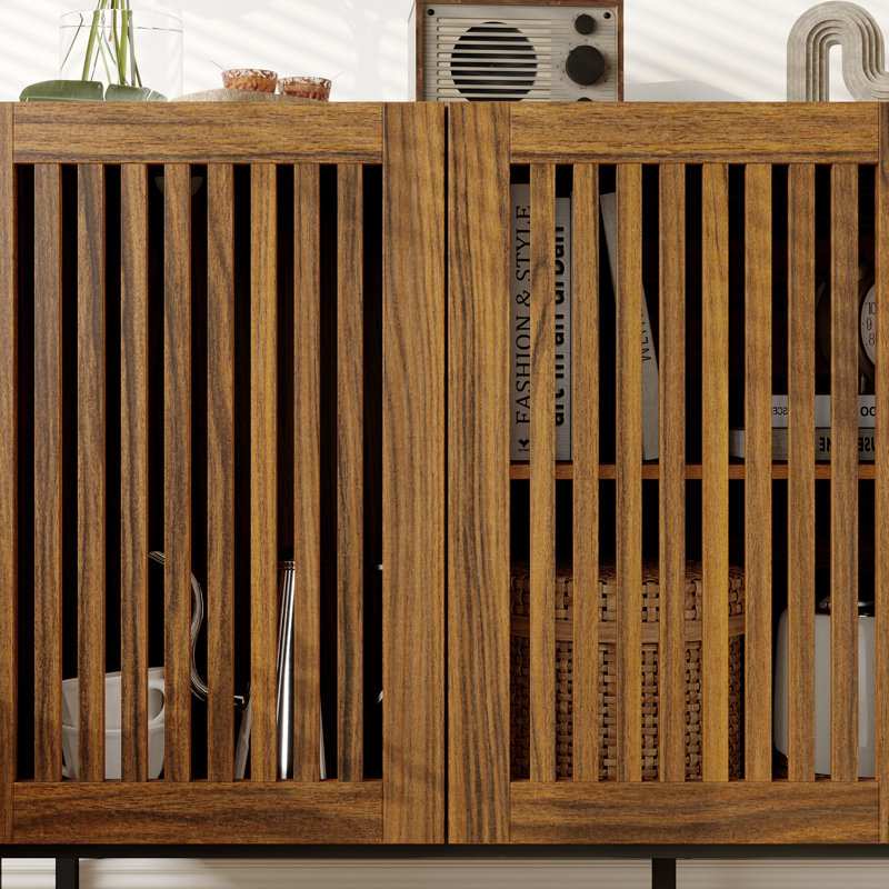 120cm Sideboard with Breathable Slatted Doors & Push-to-Open System - Walnut Japandi Storage Cabinet