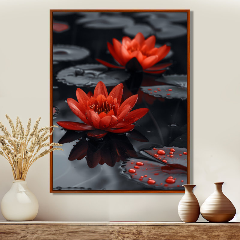 Romantique rouge Monocrhome Lotus Pond I - art mural Lotus, Cadre flottant brun, H 34 po x l 44 po