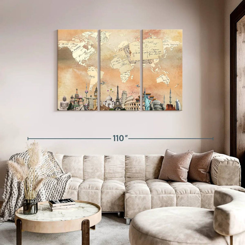 " Postcard World Map " 3 - Pieces, 48" H x 74" W x 1.25" D