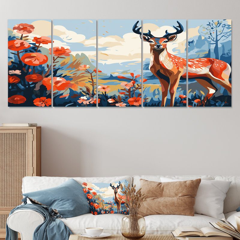 «Red and Blue Deer In Forest - Deer Landscape», ensemble d'art mural 5 pièces, H 28 po x l 60 po