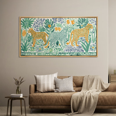 Motif de jungle léopard coloré dans un style botanique ludique - grande impression sur toile encadrée de la chambre principale