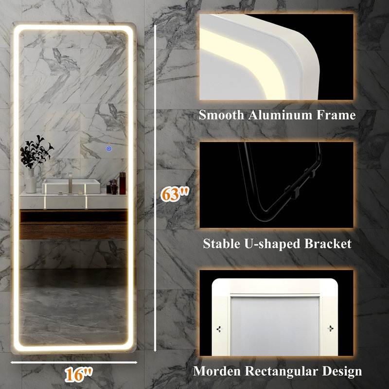 Miroir de salle de bain à DEL rectangulaire en aluminium arrondi blanc pleine longueur avec support 63 * 16 * 1 po pour meuble-lavabo de chambre à coucher, salon / vestiaire