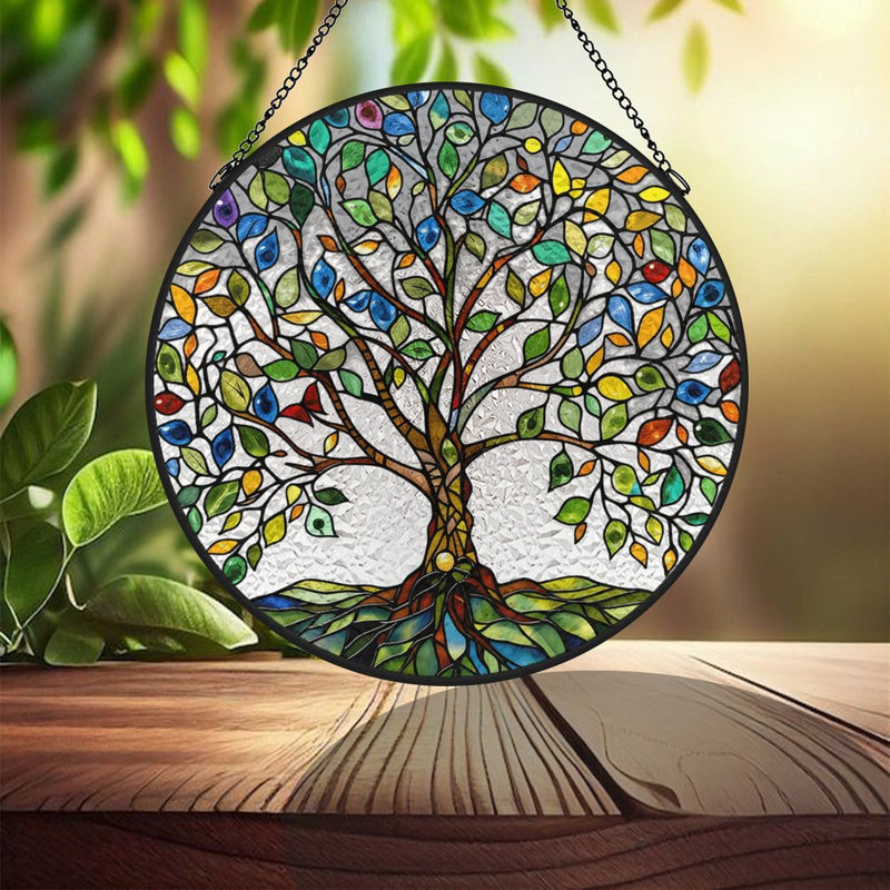 Vitrail arbre de vie panneaux vitrail Suncatcher pour décoration de fenêtre, 3,5 x 3,5 po (9 x 9 cm)