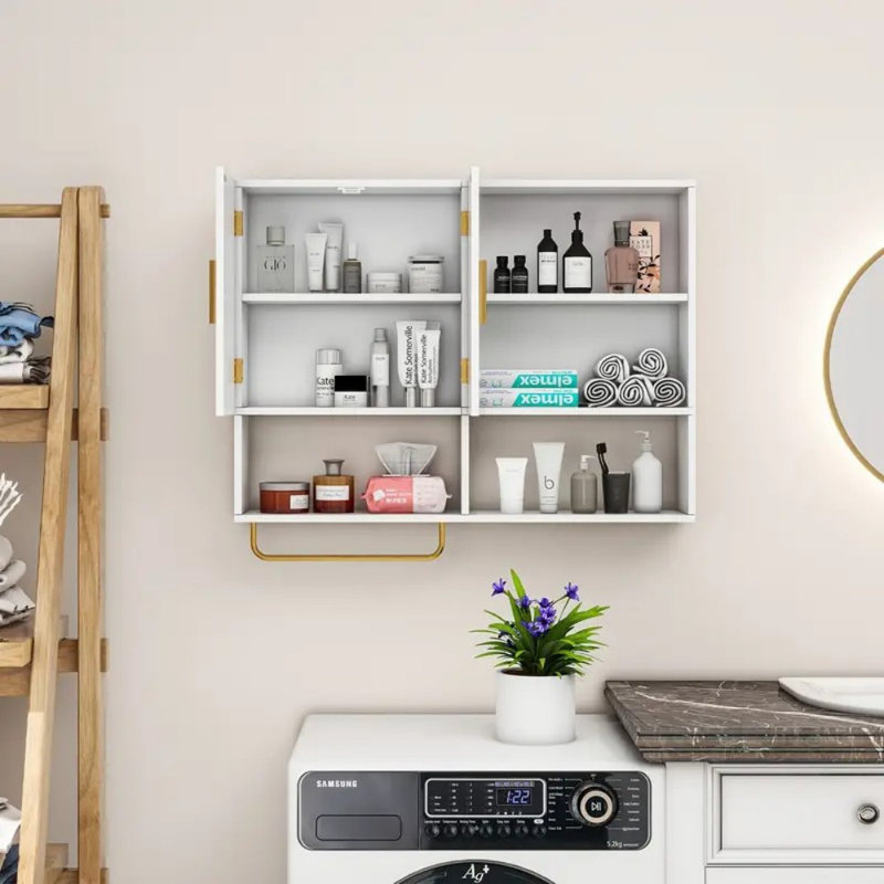 Bathroom Wall Cabinet Large Wall Mounted Medicine Cabinet With 2 Doors And 4 Open Shelves Over Toilet Storage Cabinet With Towel Bar, Bathroom Organizers And Storage
