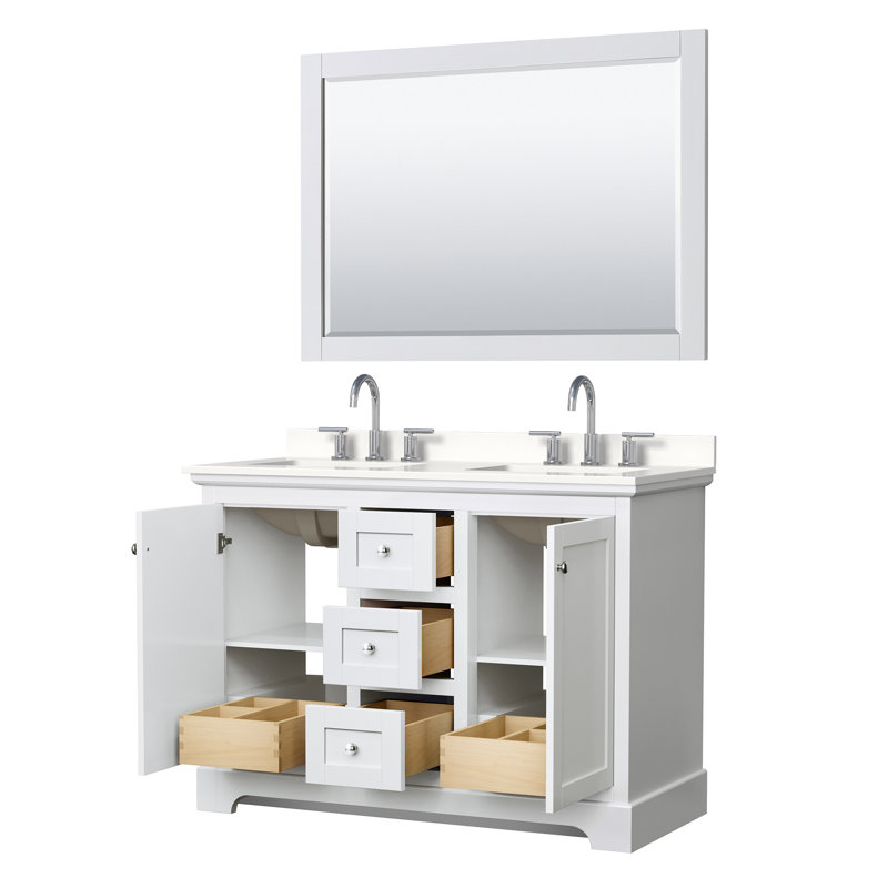 Ensemble de meuble-lavabo double 48 po avec miroir Avery, Blanc, Chrome poli, Blanc / quartz noir