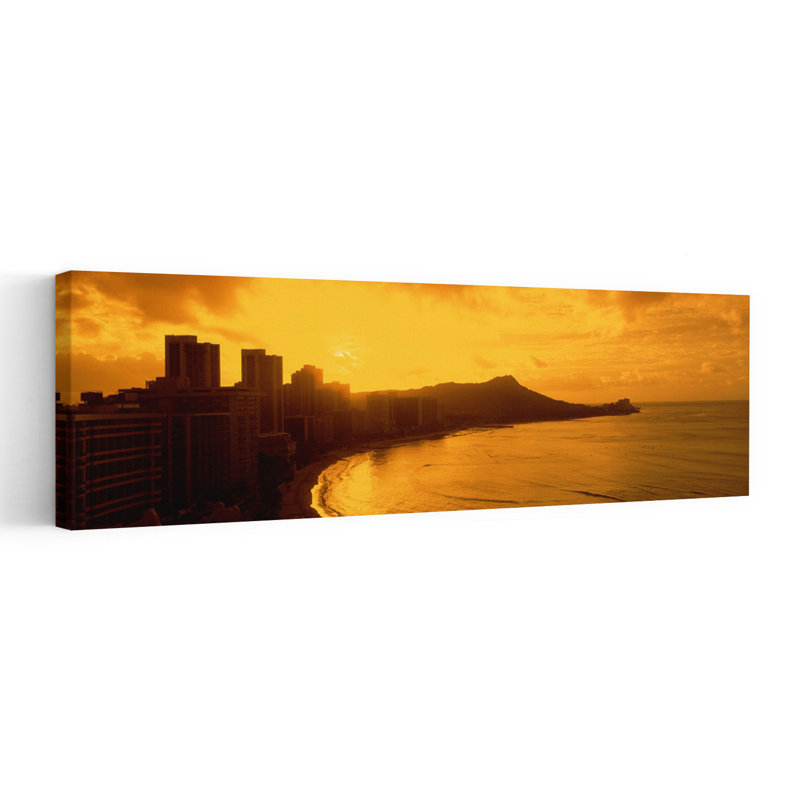 USA Hawaii Honolulu Waikiki Beach Sunrise view of city and beach 1 Piece Wrapped Canvas Panoramic Wall Art
